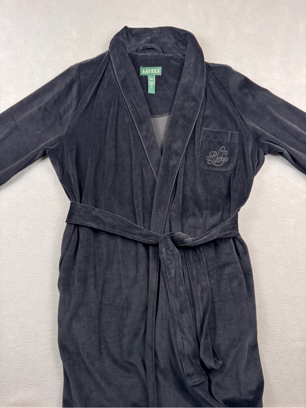 Ralph Lauren Monogramed Black Robe Women Large Dalton Fleece Tie Shawl Collar